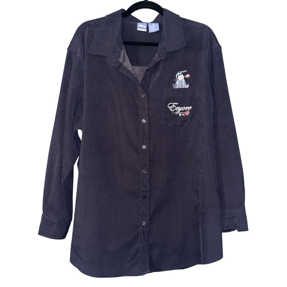 Disney Catalog Womens‎ Corduroy Button Down Top 1x Blue Winnie Eeyore Velveteen